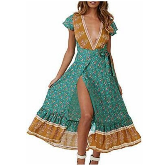 Dresses & Skirts - Bohemian Floral Print Wrap V Neck Midi Dress